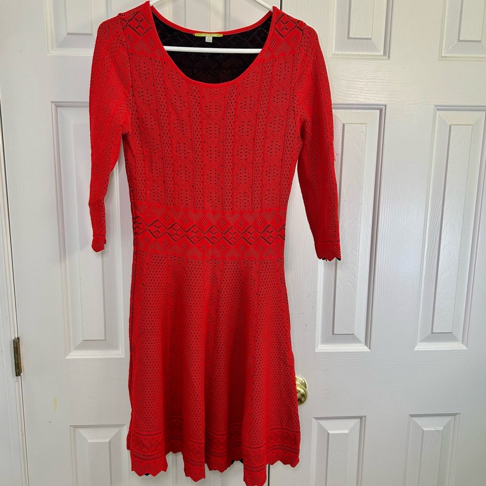 Gianni Bini Red Open Knit A-Line 3/4 Sleeve Scoop Neck Midi Dress Size M